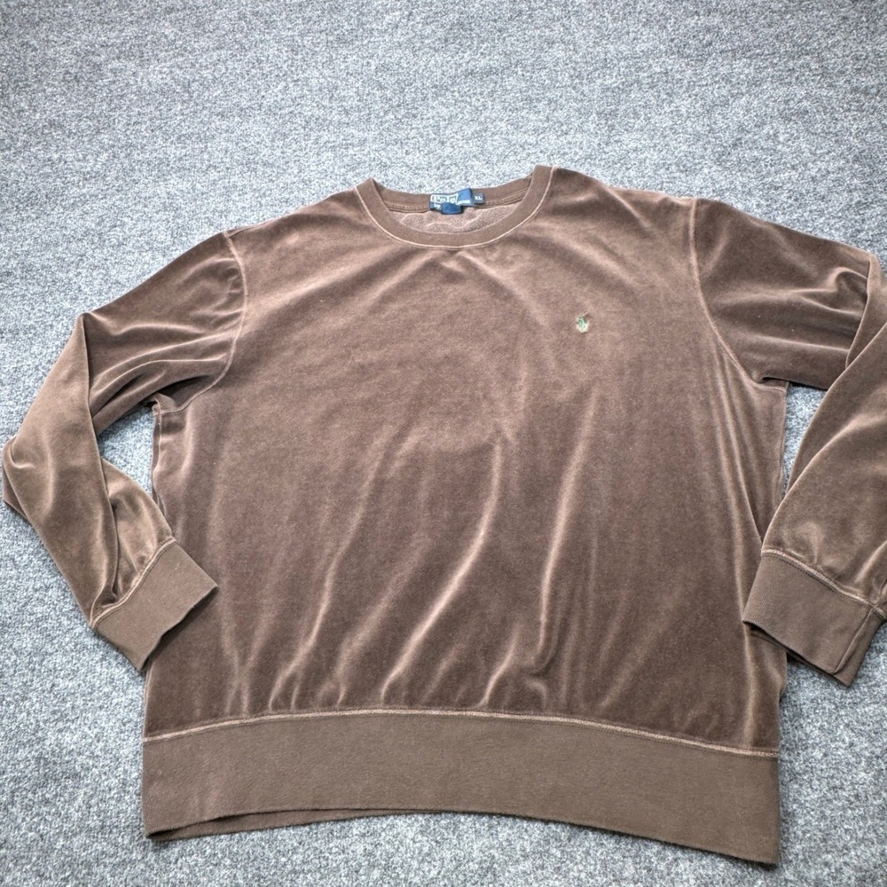 Polo Ralph Lauren Sweatshirt Mens XL Brown Velour Crewneck Pony Y2K Cozy Boho